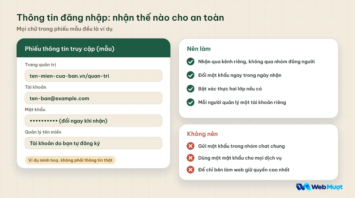 Phiếu thông tin truy cập mẫu với thông tin giả và danh sách nên làm, không nên làm khi nhận mật khẩu