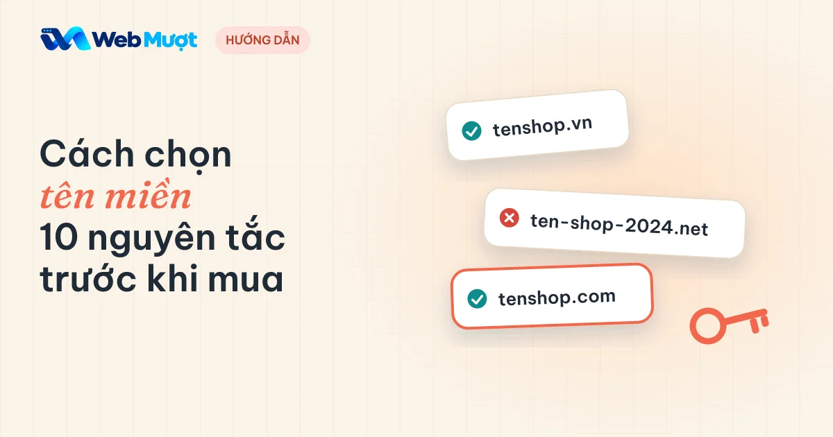 Cách chọn tên miền cho website: ba thẻ tên miền ví dụ, hai thẻ được tích chọn, một thẻ gạch bỏ, bên cạnh chiếc chìa khóa