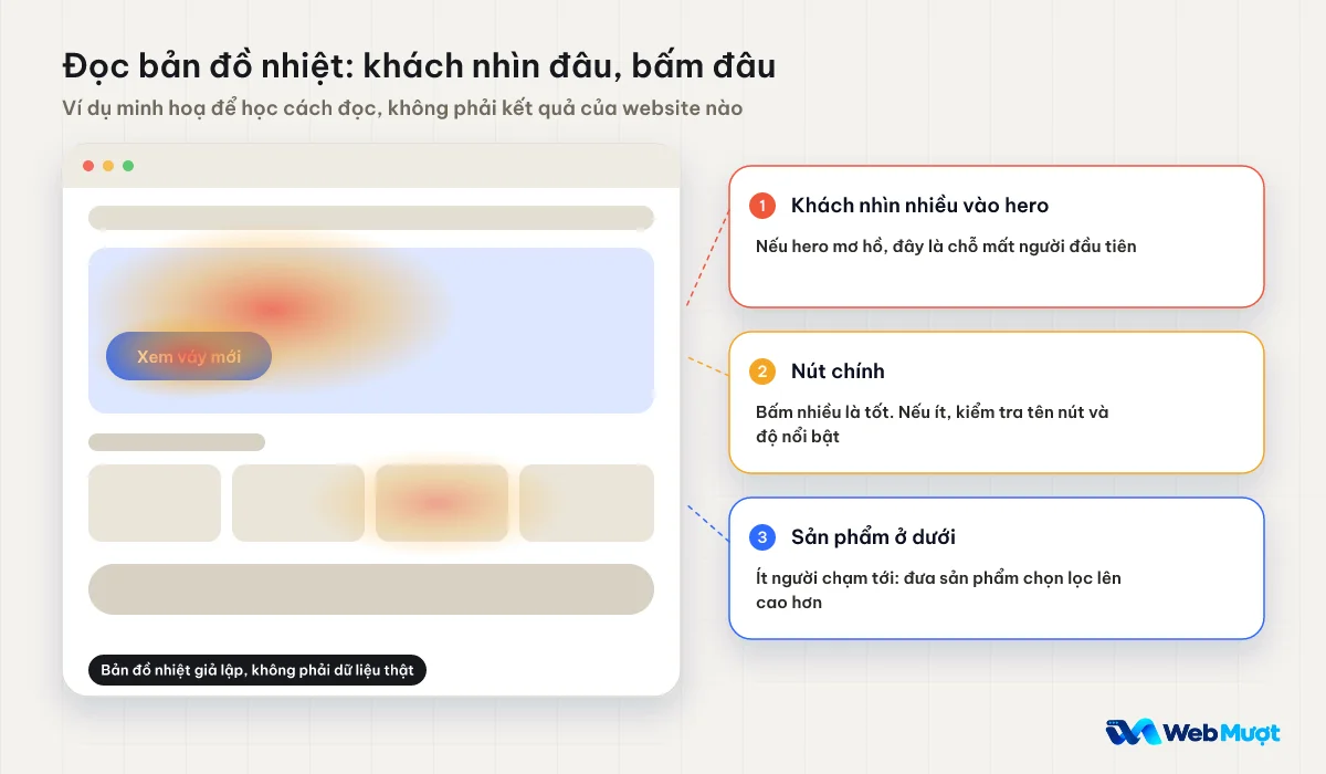 Trang chủ minh hoạ có vùng nhiệt giả lập trên hero, nút chính và hàng sản phẩm, kèm ba chú thích cách đọc