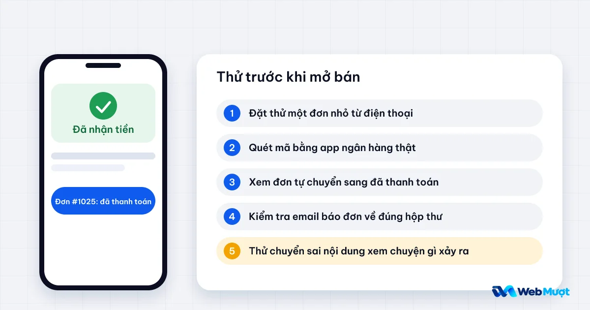 Năm việc cần thử trước khi mở bán thanh toán QR: đặt thử, quét mã, xem trạng thái, kiểm tra email, thử chuyển sai nội dung