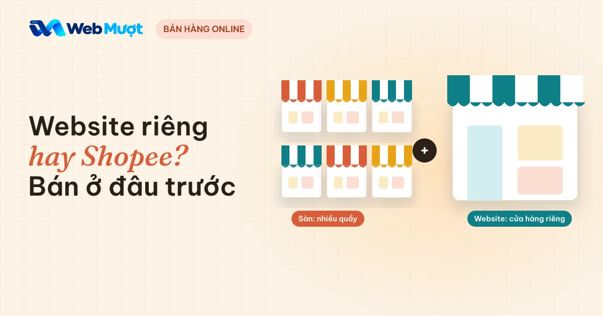 Website riêng hay Shopee: dãy quầy chợ có mái sọc đặt cạnh một cửa hàng riêng lớn, nối bằng dấu cộng