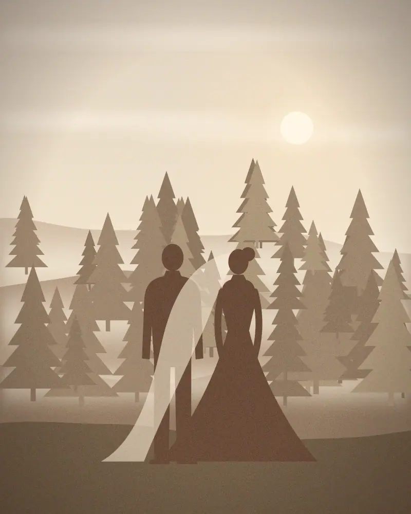Tranh minh hoạ: cặp đôi giữa rừng thông, sương mỏng phủ các lớp đồi phía sau
