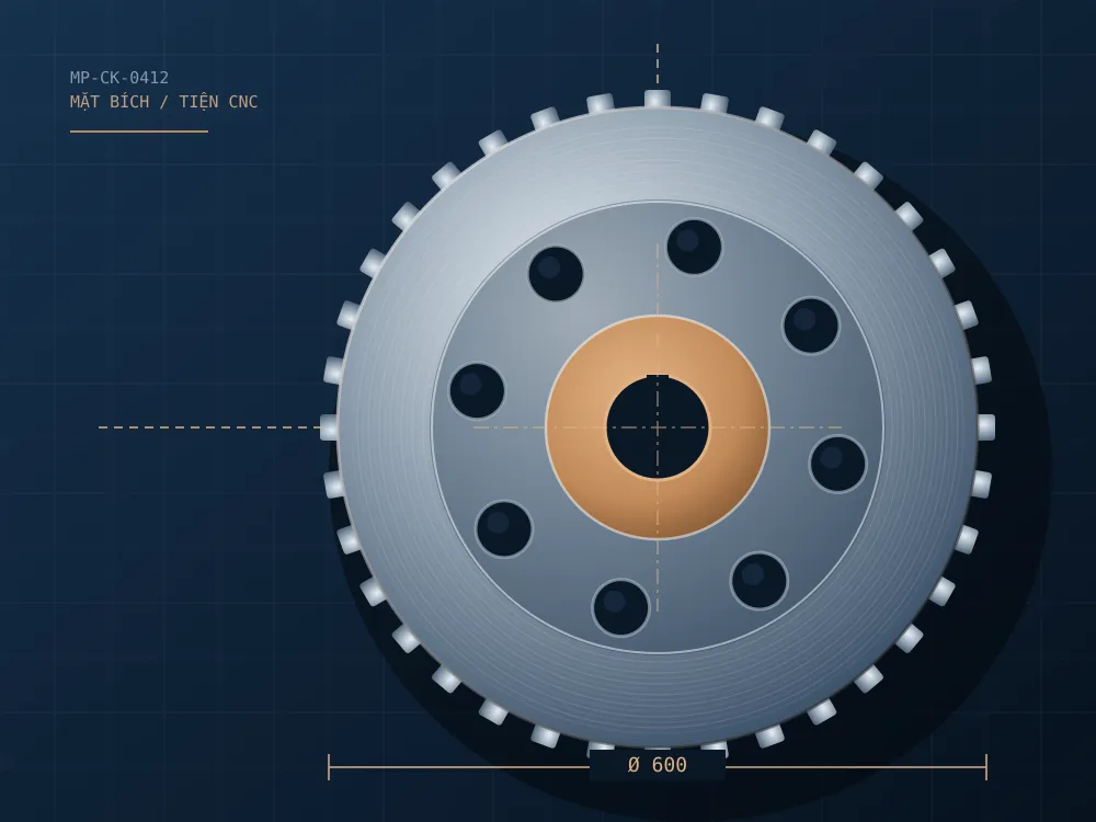Minh hoạ vẽ tay: mặt bích thép tiện CNC có lỗ bắt bu lông và lõi màu đồng trên nền bản vẽ kỹ thuật